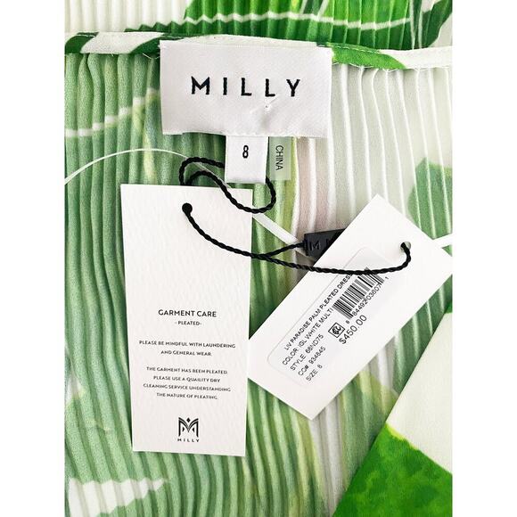 Milly Women's Liv Paradise Palm Pleated Self Tie Mini Dress Flowy Feminine NWT - Picture 7 of 9